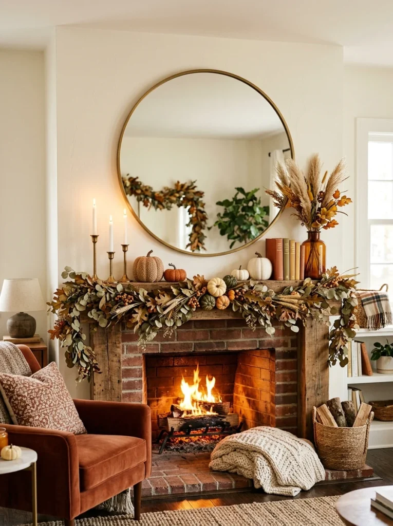Large Round Mirror With Fall Layers Modern Fall Mantel Decor Ideas for a Cozy Home