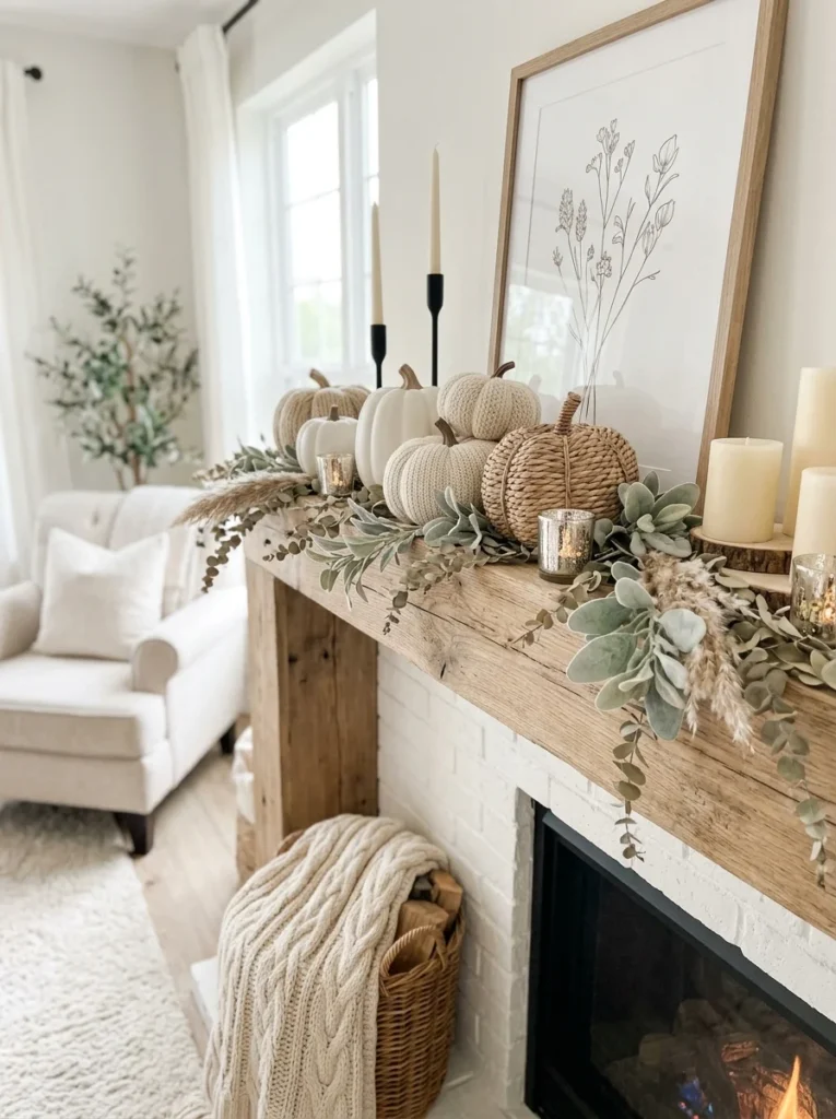 Layered Neutral Pumpkins for Modern Elegance Modern Fall Mantel Decor Ideas for a Cozy Home