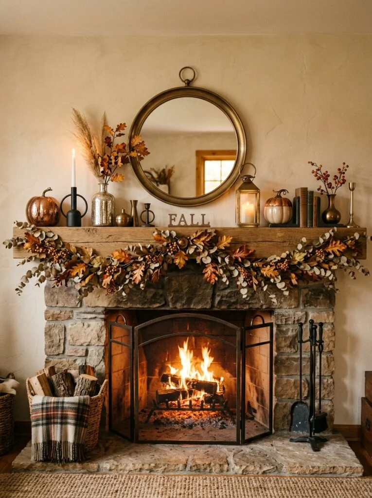 Mixed Metals and Autumn Accents Modern Fall Mantel Decor Ideas for a Cozy Home