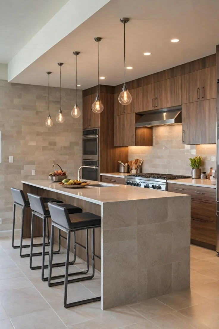 Modern Kitchen with Gray Island, Bar Stools & Neutral Style