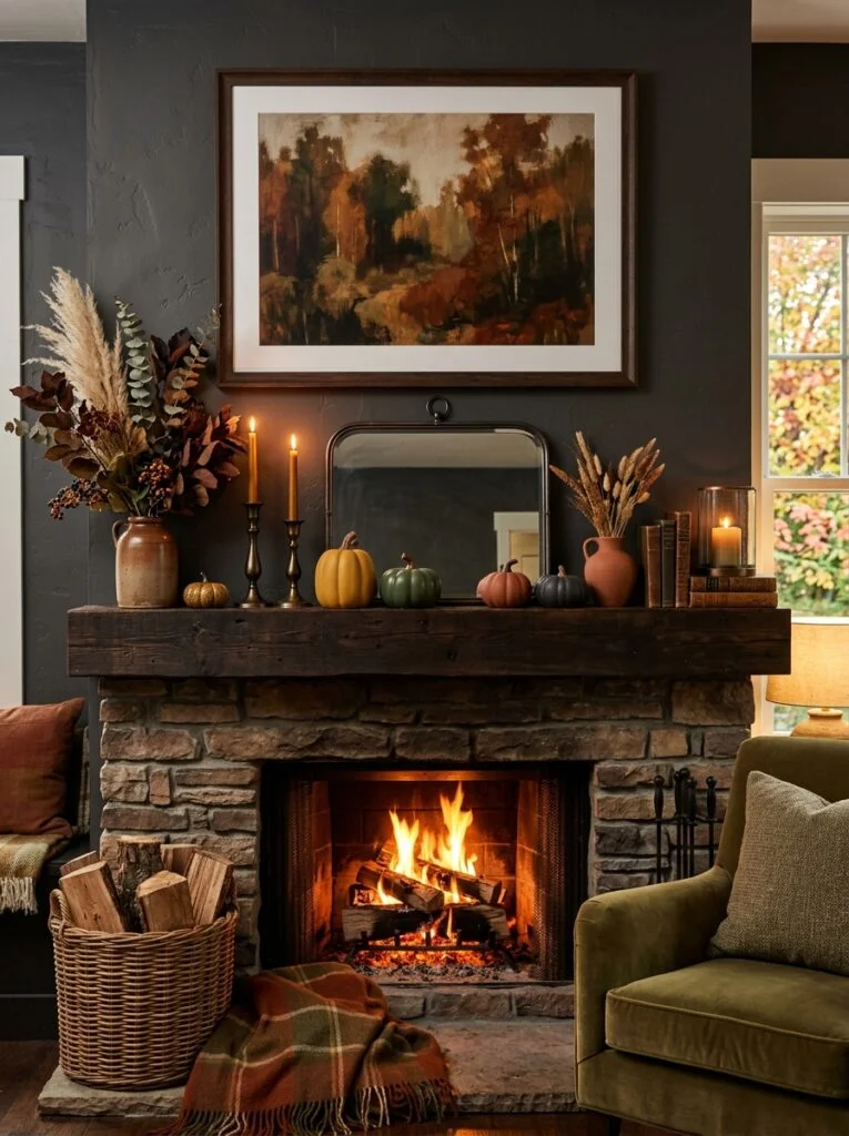 Moody Autumn Mantel With Deep Earth Tones Modern Fall Mantel Decor Ideas for a Cozy Home