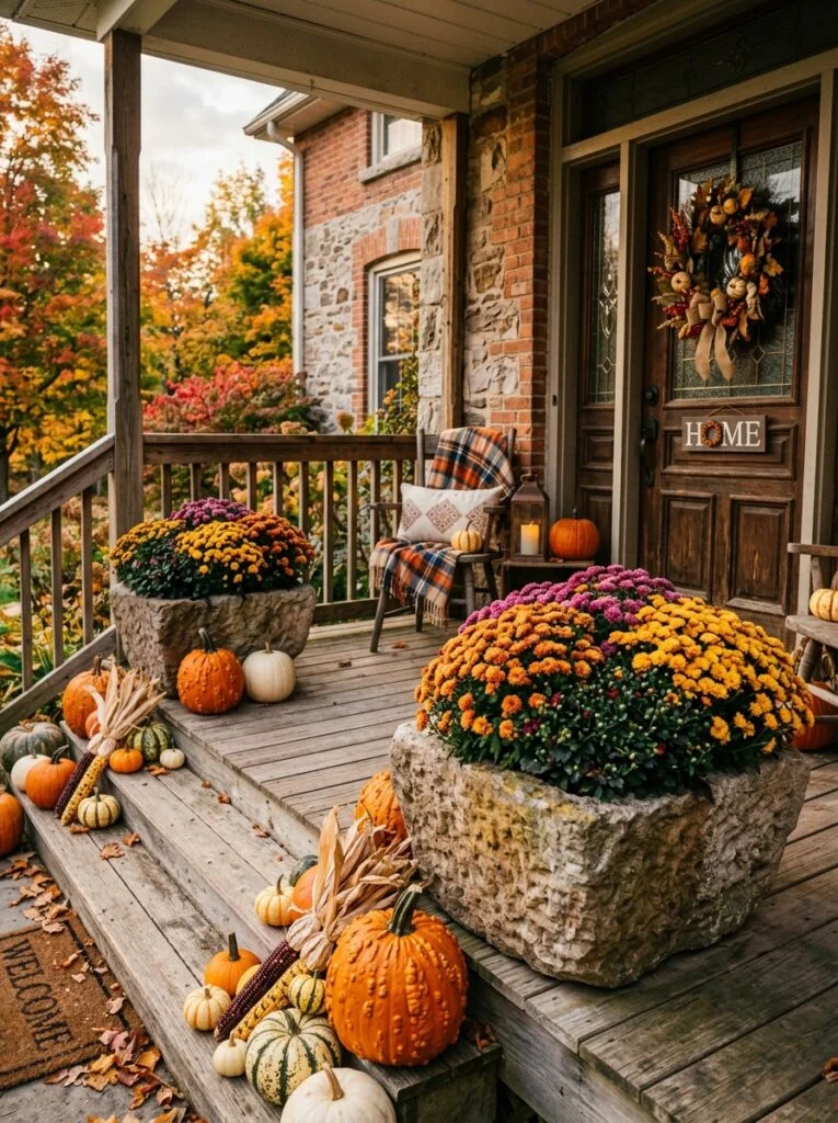 Overflowing Mums and Pumpkin Planters Beautiful Fall Front Porch Decor Ideas