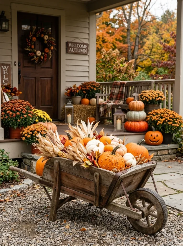 Pumpkin Filled Wooden Wheelbarrow Beautiful Fall Front Porch Decor Ideas 