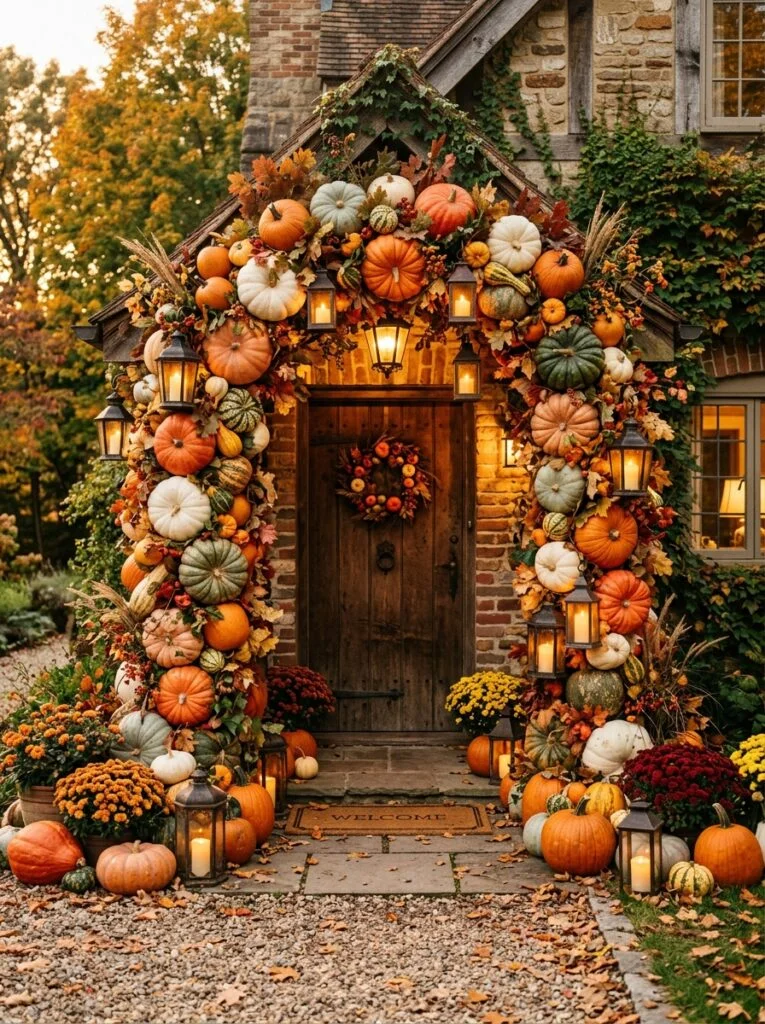 Pumpkin and Lantern Archway Beautiful Fall Front Porch Decor Ideas 