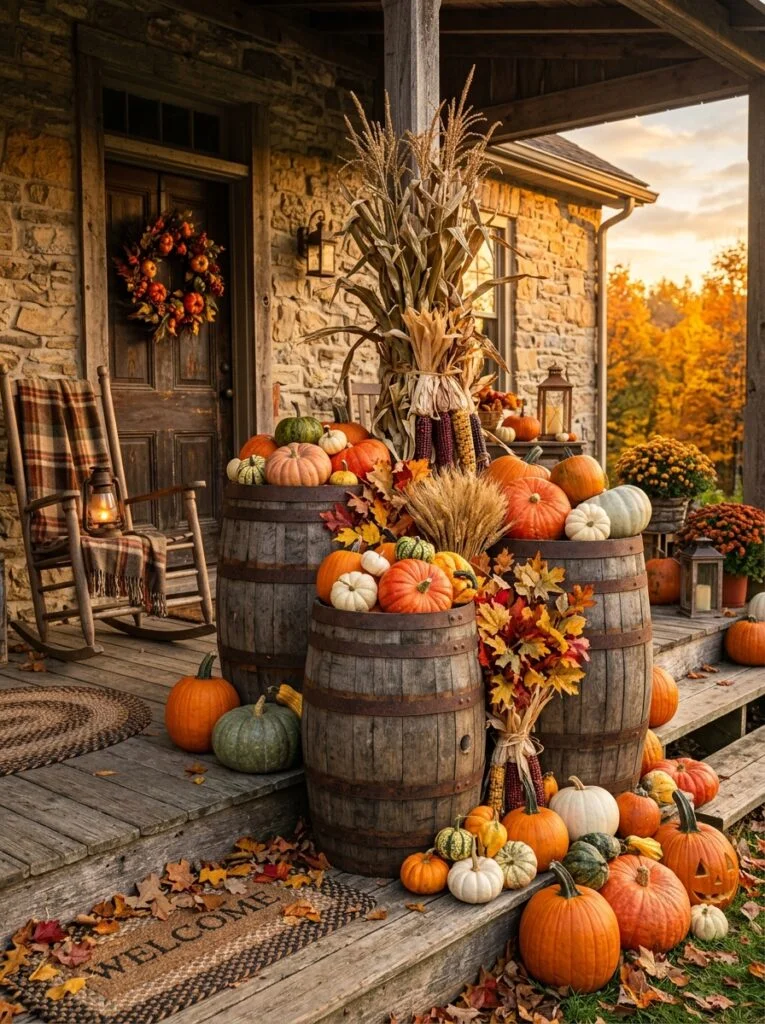 Rustic Barrel Fall Display Beautiful Fall Front Porch Decor Ideas 