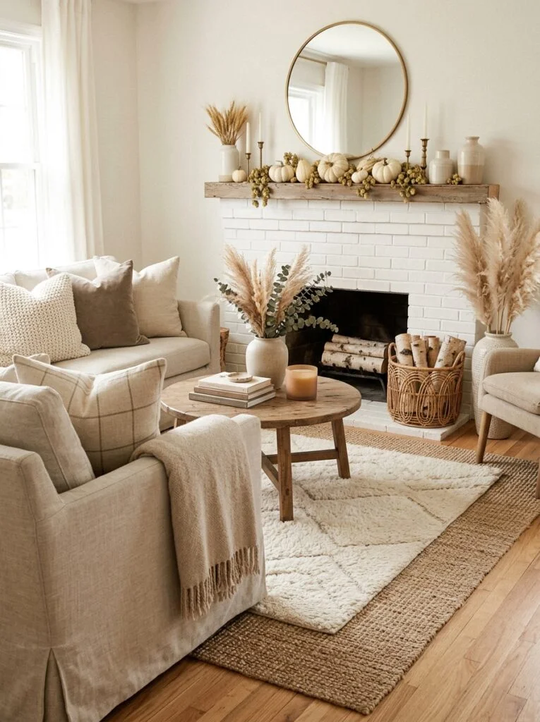 Soft Beige Rug Layering Neutral Fall Decor Ideas