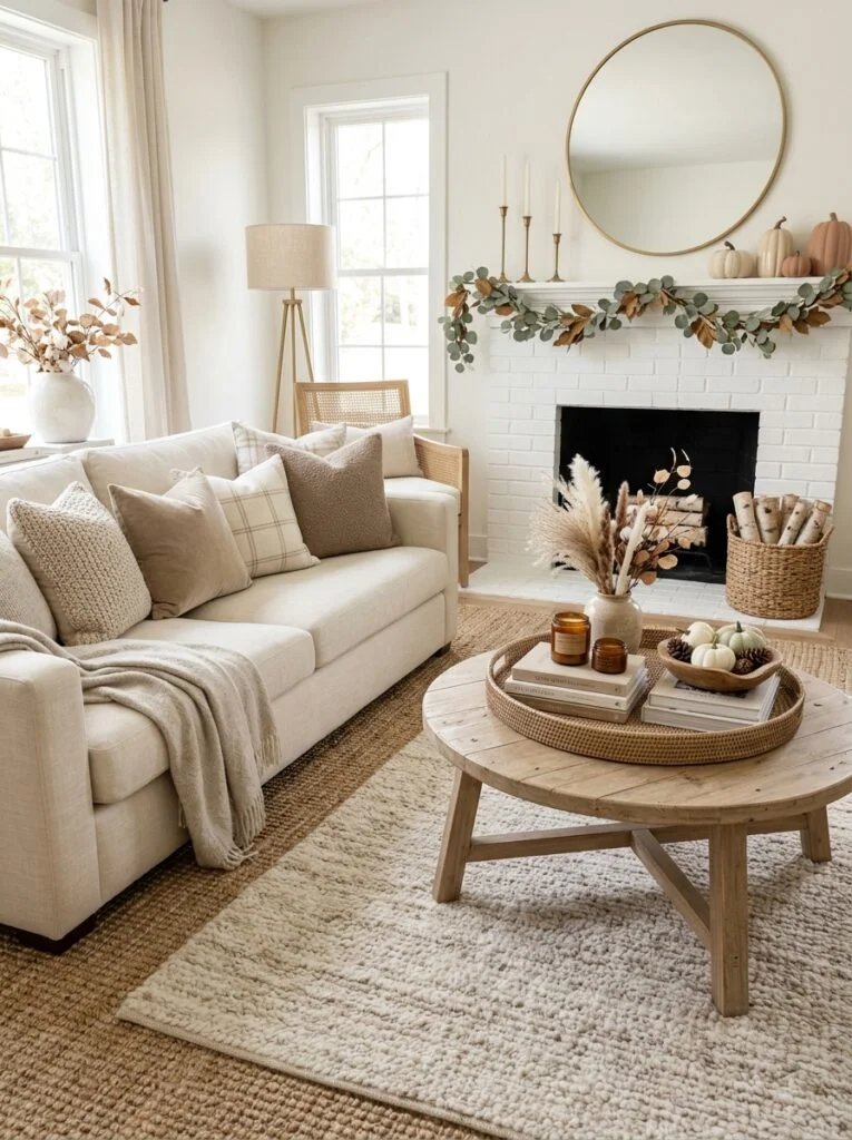 Soft Beige Rug Layering Neutral Fall Decor Ideas for a Sophisticated Look need real time image of home decor 