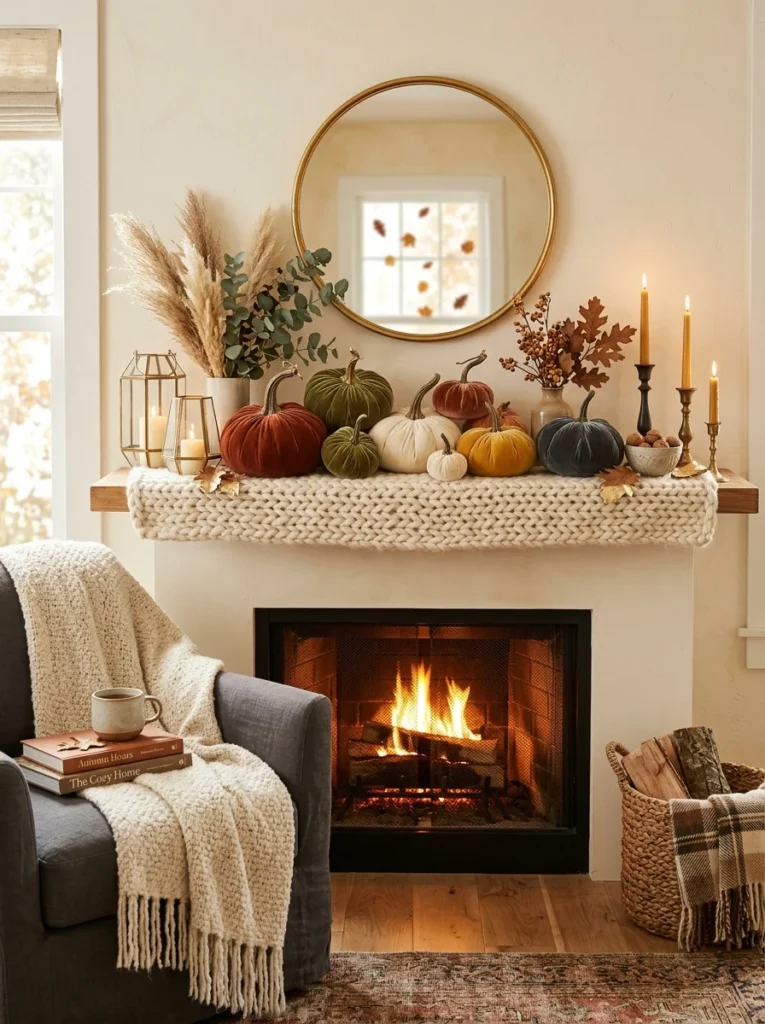 Soft Velvet Pumpkins and Luxe Textures Modern Fall Mantel Decor Ideas for a Cozy Home