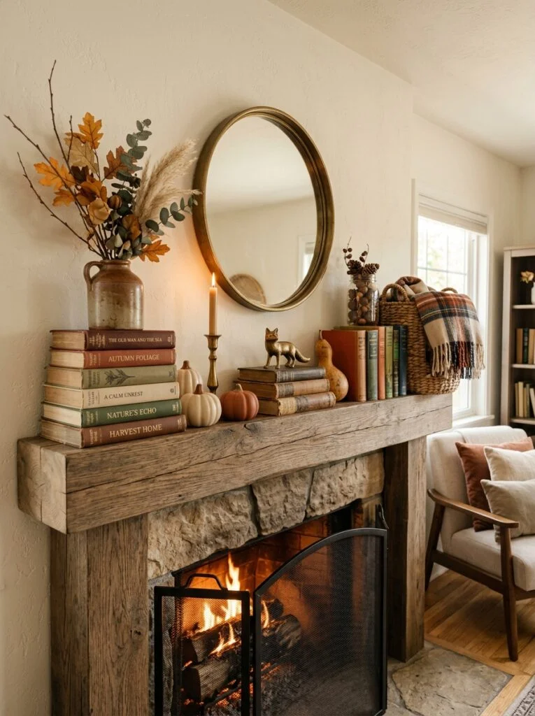 Stacked Vintage Books and Seasonal Styling Modern Fall Mantel Decor Ideas for a Cozy Home