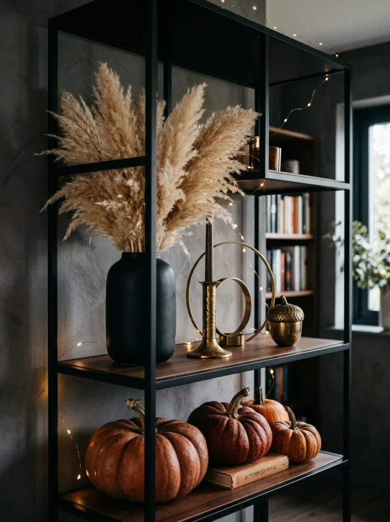 Style Open Shelves with Seasonal Decor Cozy Fall Living Room