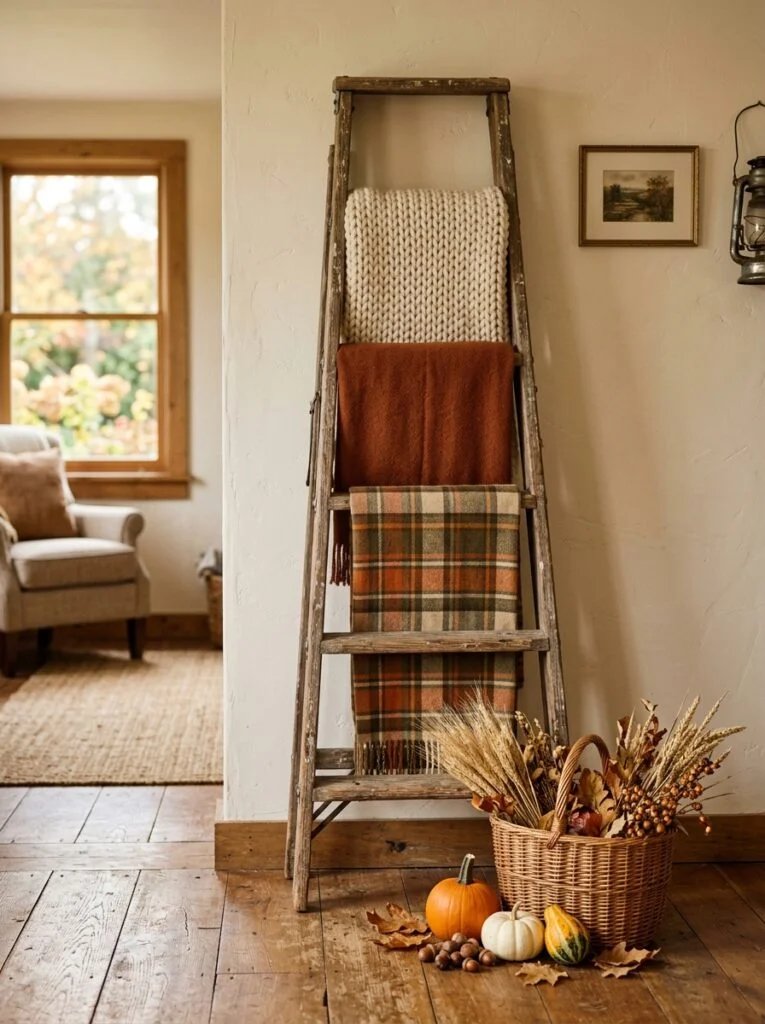 Vintage Ladder Blanket Display Fall Arrangements Fall Farmhouse Decor Ideas That Feel Warm and Inviting