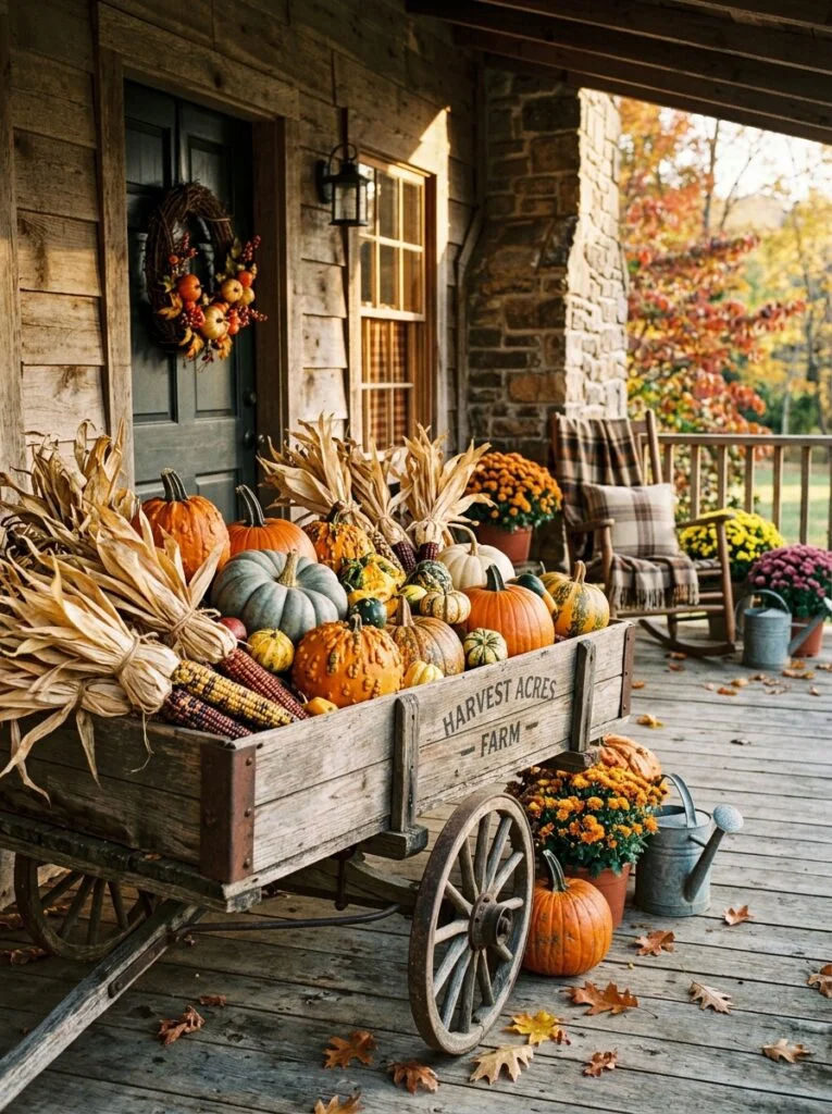 Vintage Wagon Harvest Display Beautiful Fall Front Porch Decor Ideas