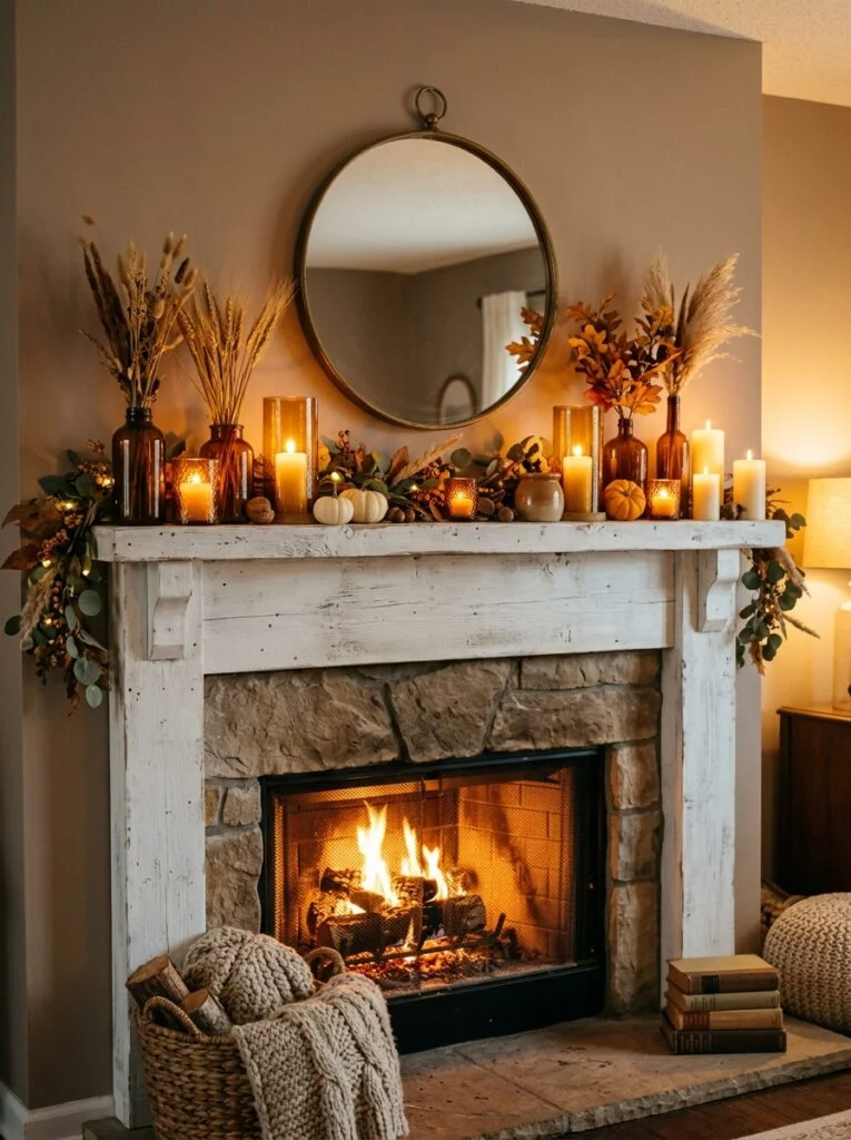 Warm Amber Glass and Candle Glow Modern Fall Mantel Decor Ideas for a Cozy Home