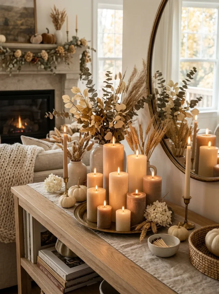 Warm Beige Candle Clusters Neutral Fall Decor Ideas for a Sophisticated Look