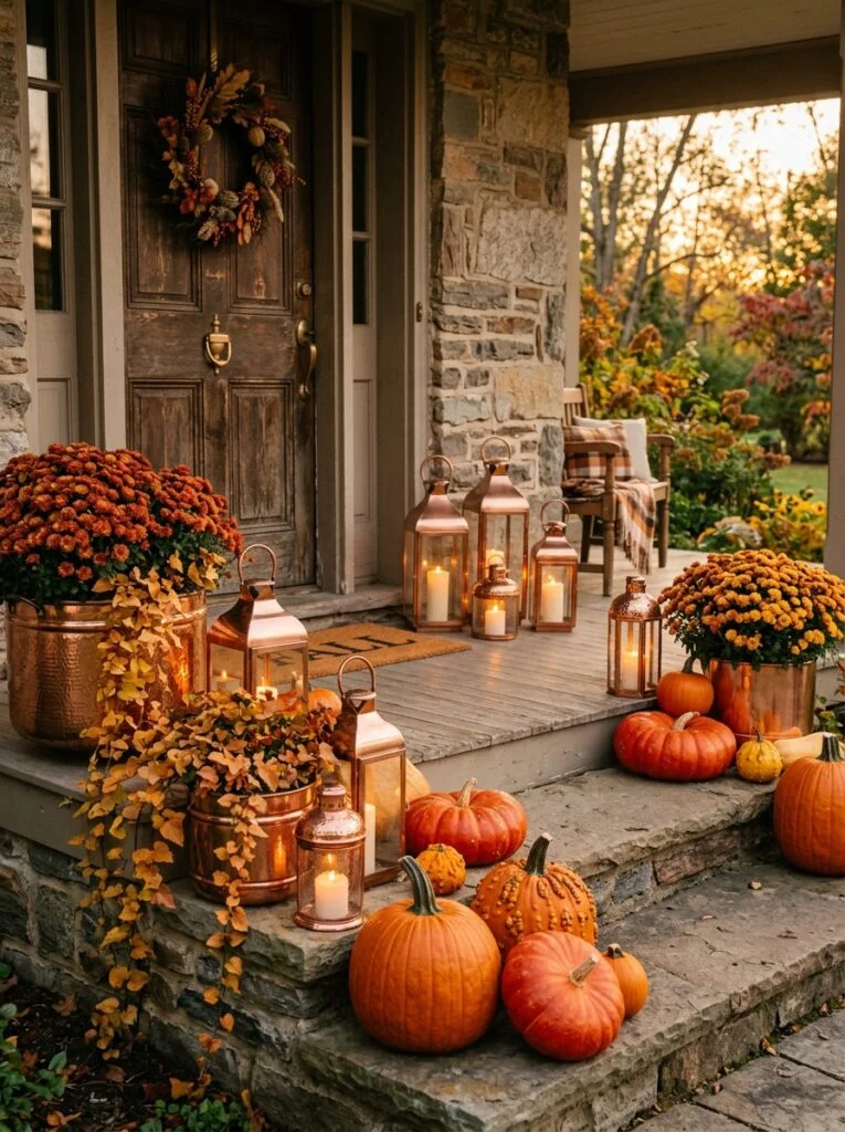 Warm Copper and Autumn Tones Beautiful Fall Front Porch Decor Ideas