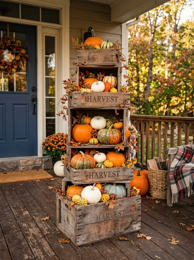 Wooden Crate Pumpkin Tower Beautiful Fall Front Porch Decor Ideas