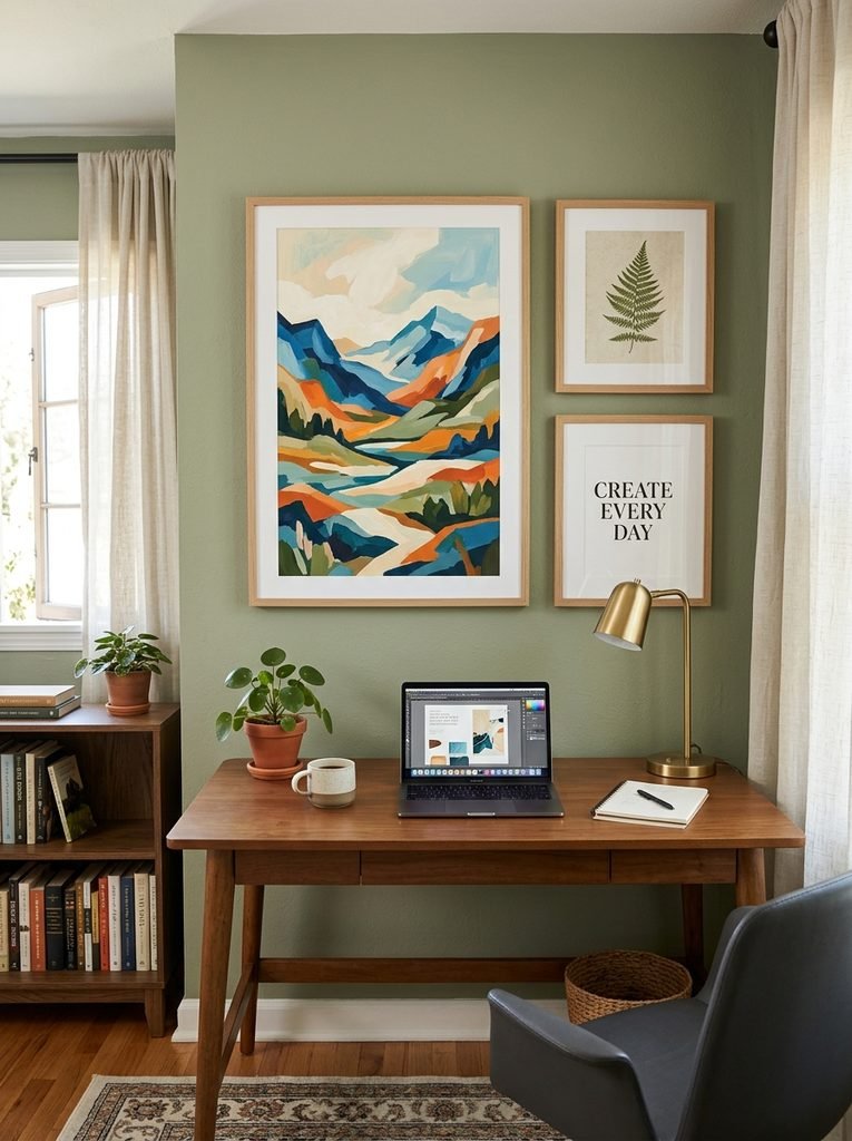 A curated focal wall above a home office desk using one large print and two smaller matching frames.