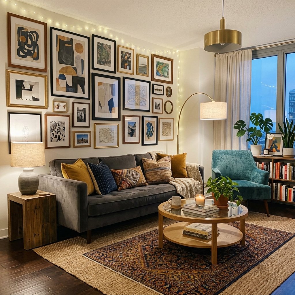 A rental apartment living room styled with layered lighting, a layered rug, and a gallery wall to look custom designed.