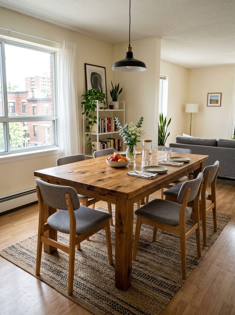 A solid wood dining table anchoring simpler furniture in a rental apartment.