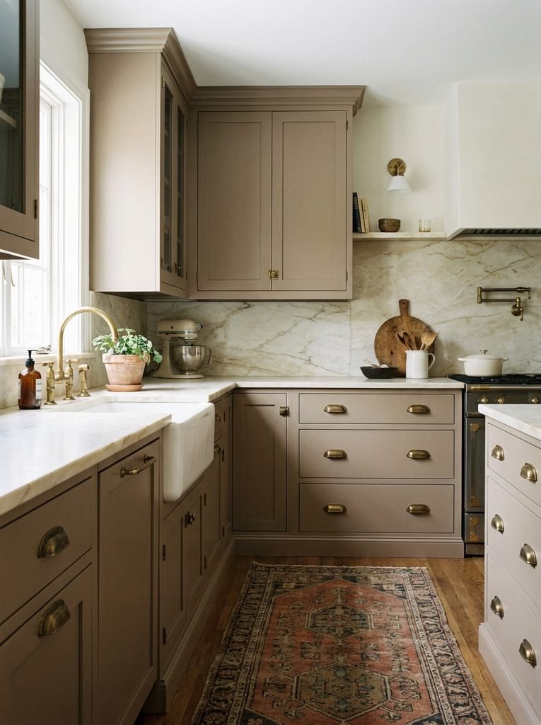 Aged brass kitchen hardware paired with warm taupe cabinets and creamy stone.