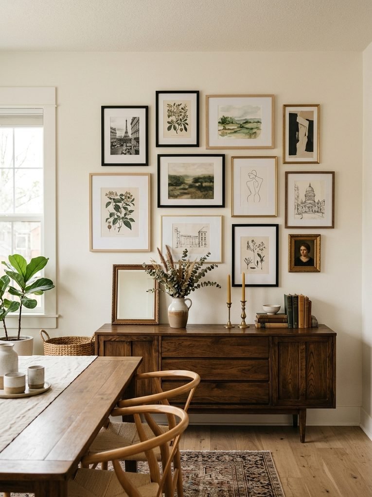 Gallery wall centered at eye level above a dining room sideboard