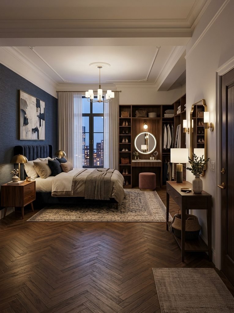 Apartment bedroom divided into sleeping, dressing, and entry zones with boutique hotel styling.