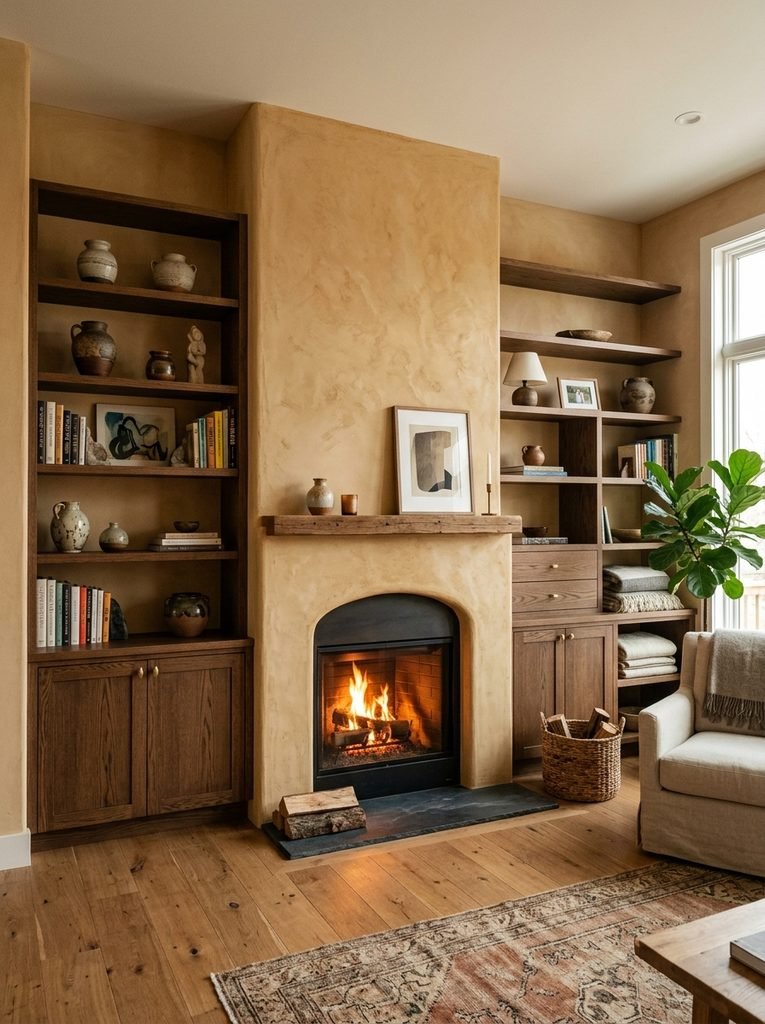 Asymmetrical built-in shelving and cabinetry framing a warm plaster fireplace.