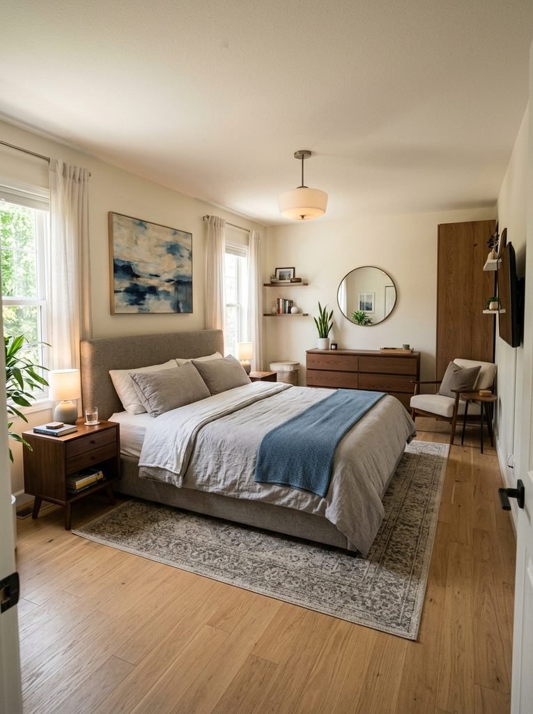 Bedroom layout with a dominant king bed balanced by compact storage furniture
