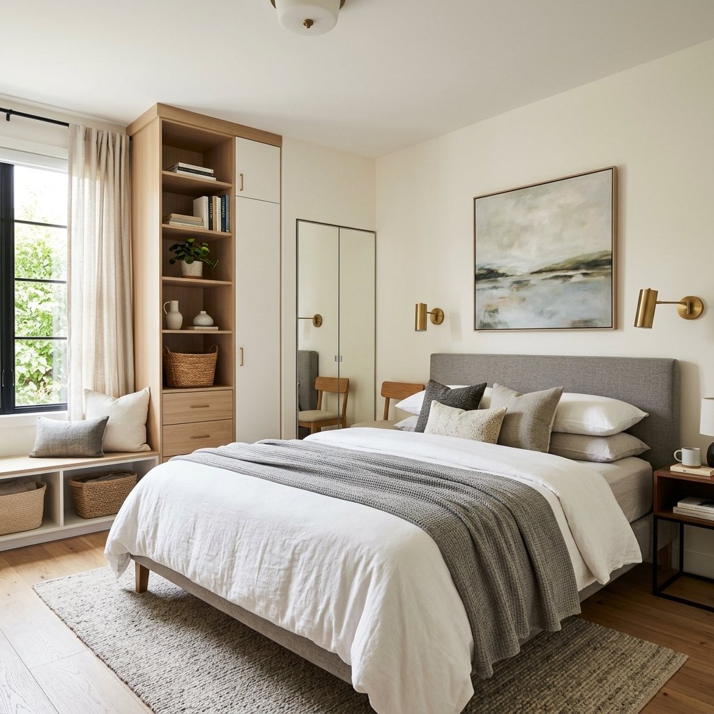 Bedroom layout with a dominant king bed balanced by compact storage furniture