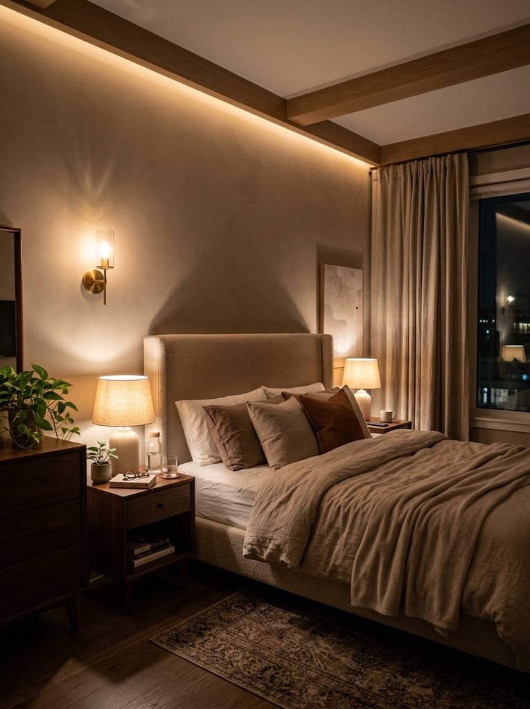Bedroom with layered warm lighting from bedside lamps, a wall sconce, and dimmed ceiling cove lighting.