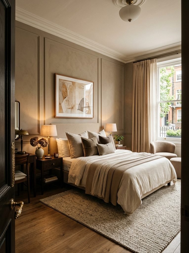 Boutique hotel style apartment bedroom viewed from the doorway with a warm neutral palette