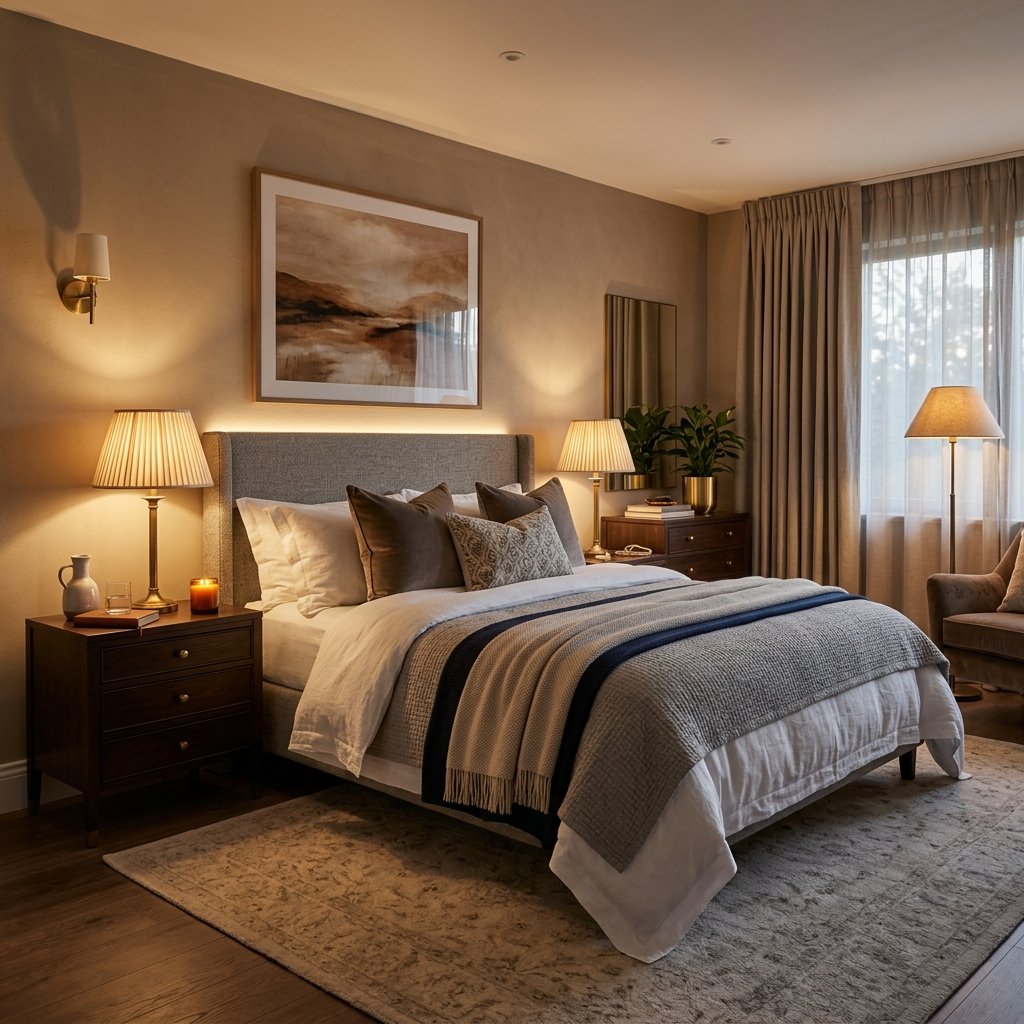 Boutique hotel style bedroom with layered bedding, symmetrical nightstands, and warm layered lighting.