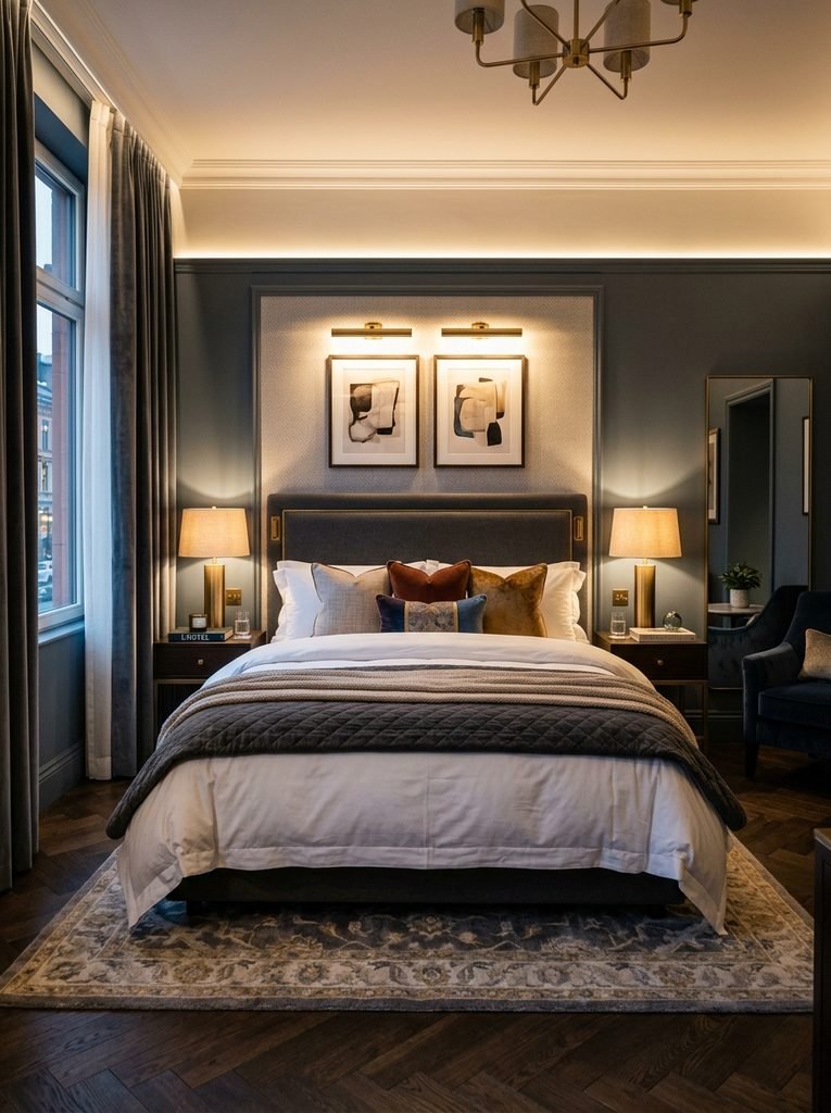 Boutique hotel style bedroom with layered bedding, symmetrical nightstands, and warm layered lighting.