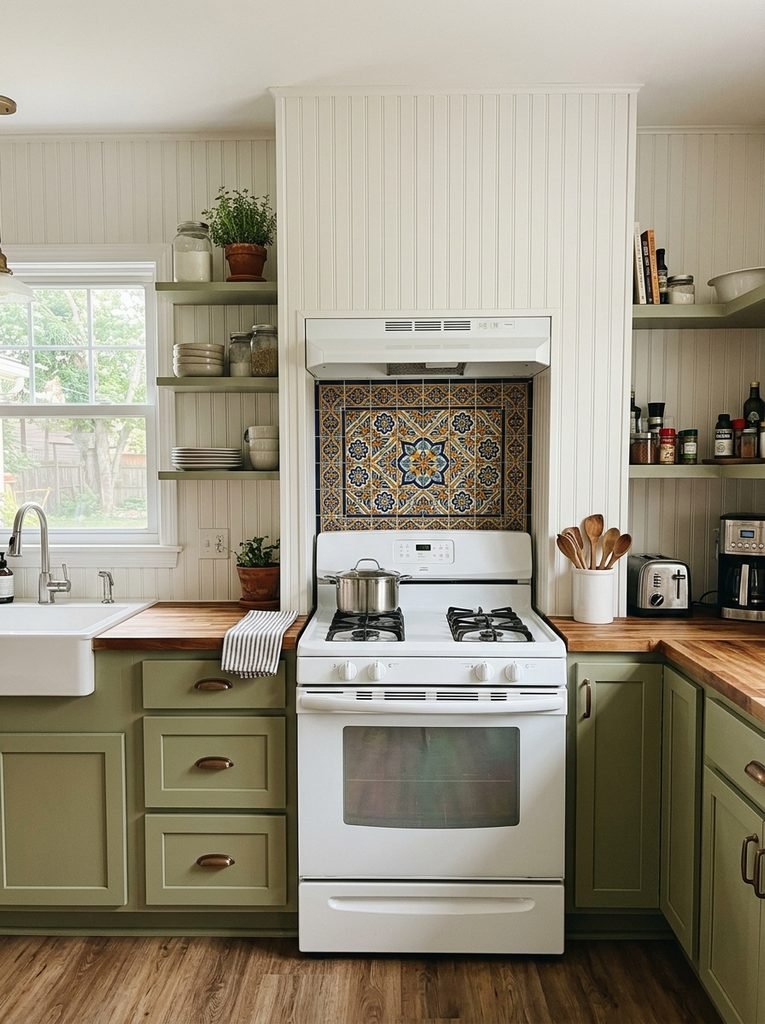 Budget kitchen renovation with an accent tile panel behind the range and beadboard elsewhere.