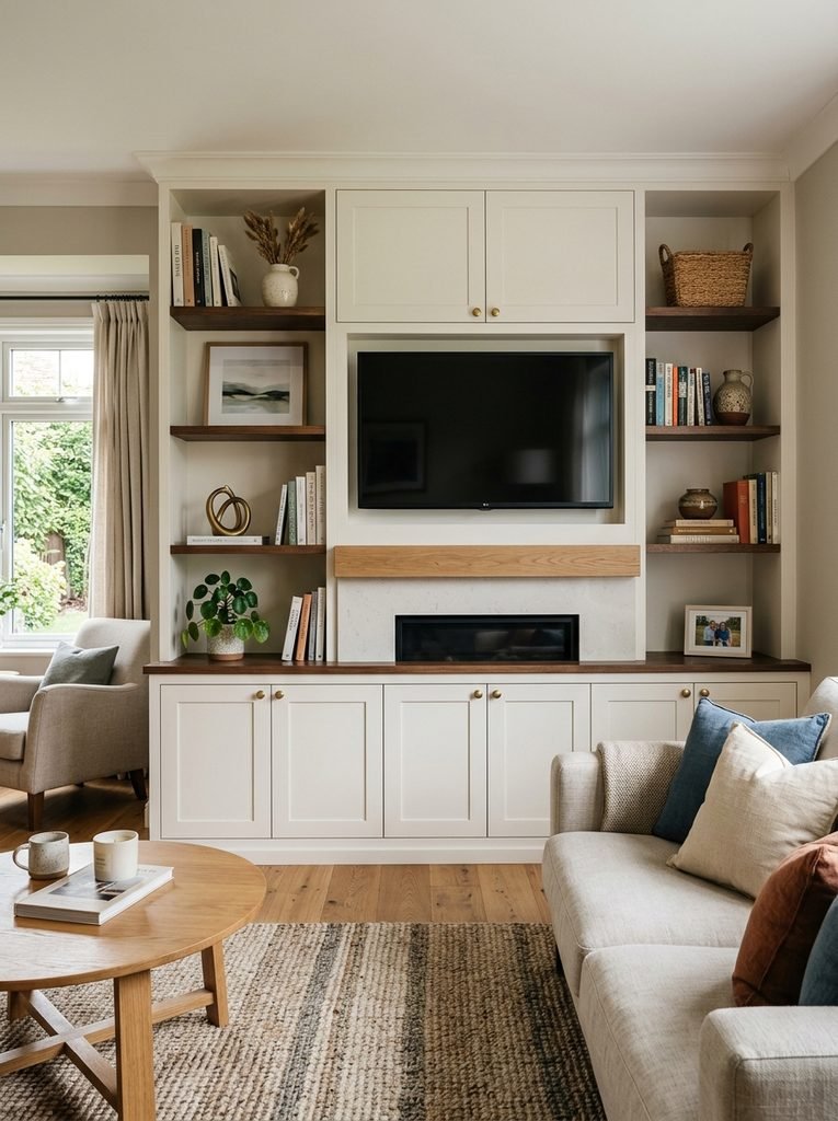 Built-in living room storage combining closed cabinets with curated open shelving.