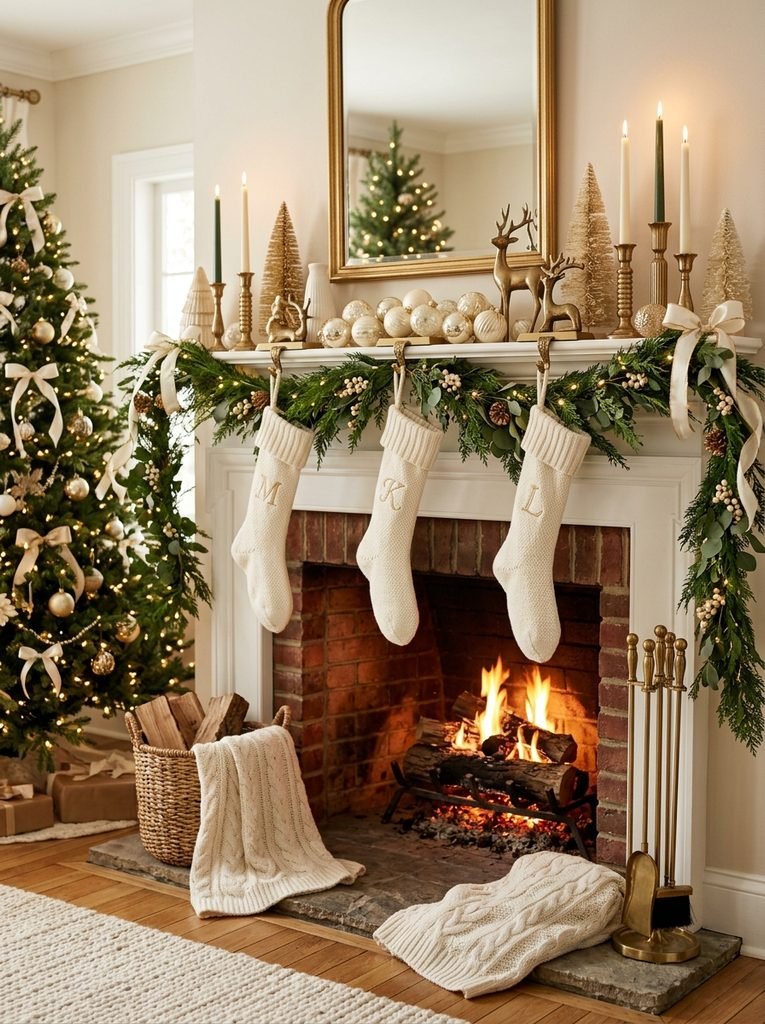 Christmas mantel styled with a limited three tone color palette