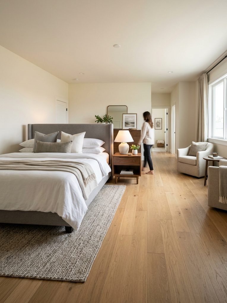 Clear walking path beside a bed showing good bedroom traffic flow
