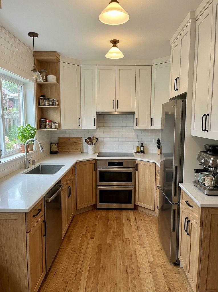 Compact U-shaped kitchen layout with cabinets on three walls and diagonal corner storage