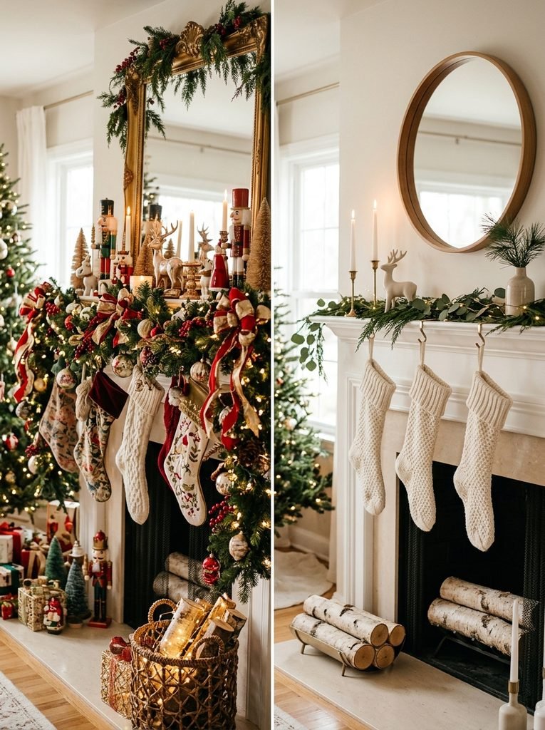 Comparison of an overdecorated Christmas mantel versus a simplified version