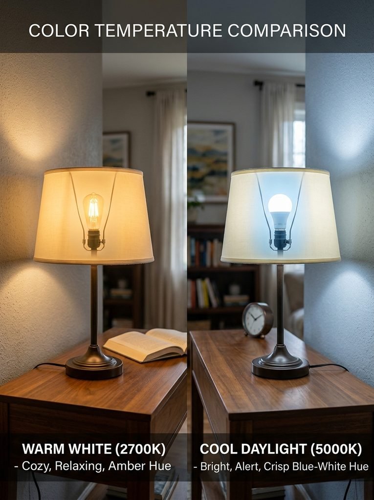 Comparison of warm and cool light bulb color temperatures shown side by side in matching table lamps.