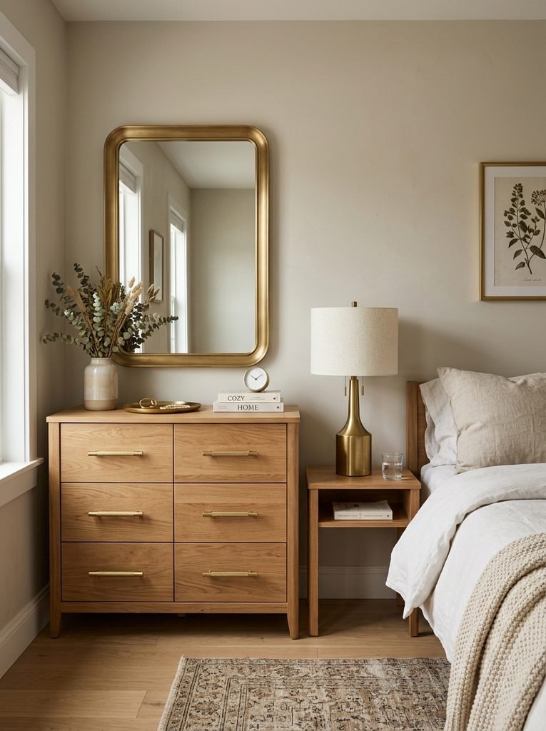 Consistent brushed brass hardware across dresser pulls, lamp base, and mirror frame in a bedroom