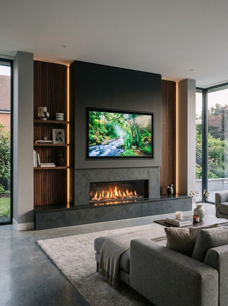 Contemporary fireplace and television wall integrated into a single balanced architectural composition.
