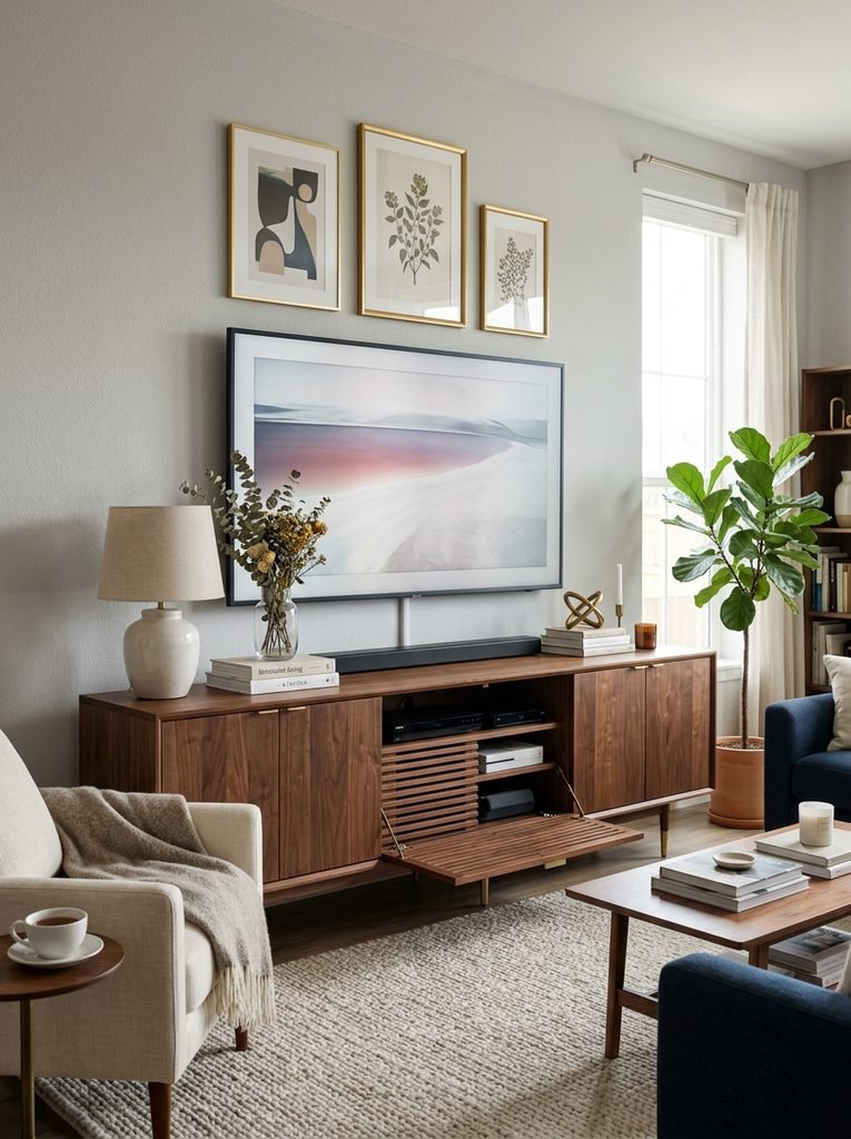 Credenza-style media cabinet combining television storage with elegant living room decor.
