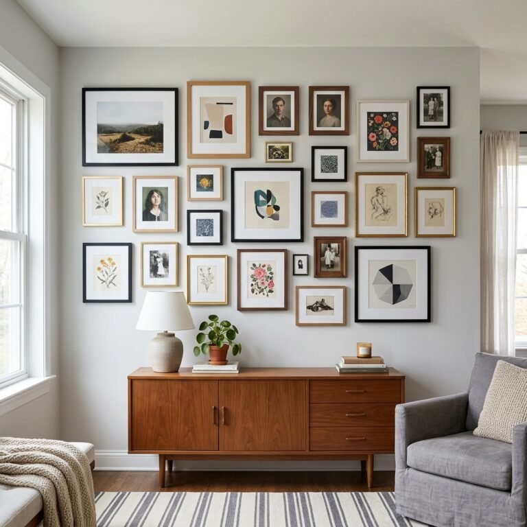 Curated gallery wall with consistent spacing between mixed frame sizes