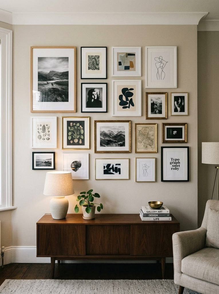 Curated gallery wall with consistent spacing between mixed frame sizes