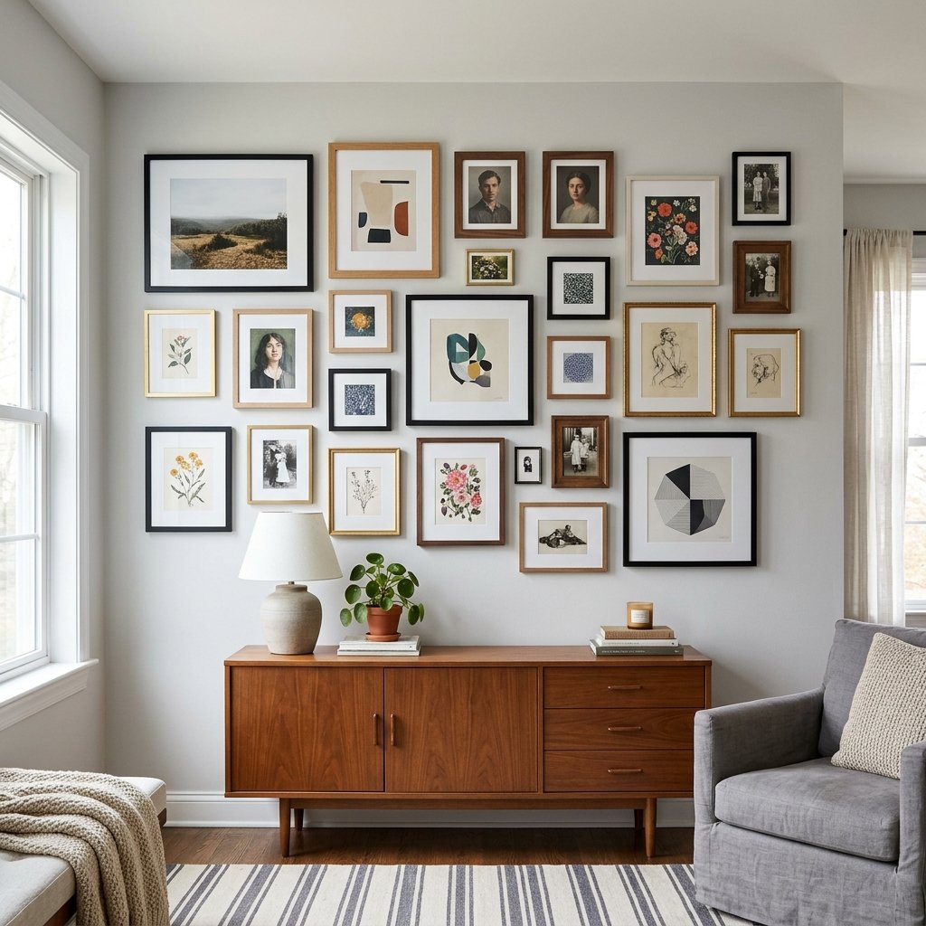 Curated gallery wall with consistent spacing between mixed frame sizes