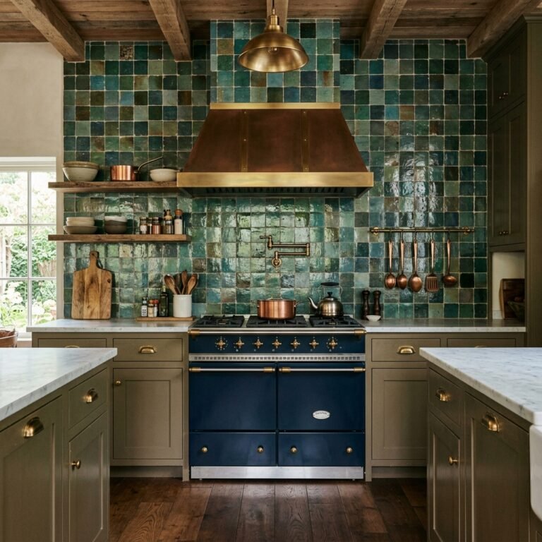 Custom-look kitchen backsplash in handmade zellige tile running floor to ceiling behind the range.