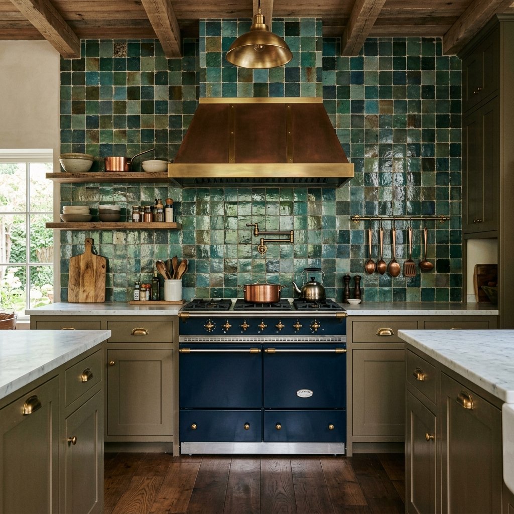 Custom-look kitchen backsplash in handmade zellige tile running floor to ceiling behind the range.