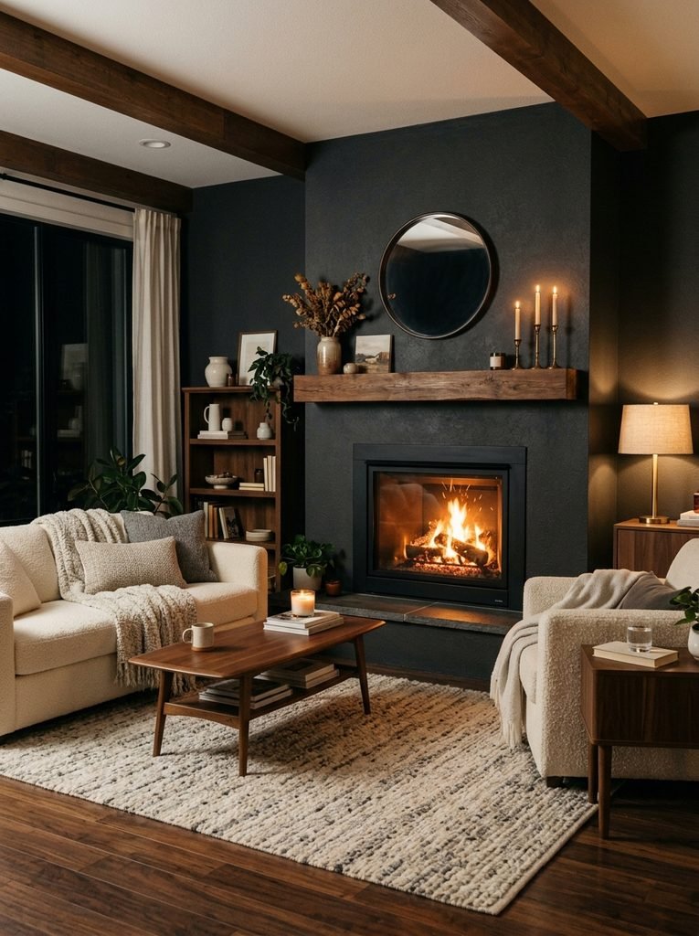Dark charcoal fireplace wall with warm firelight, cream seating and walnut accents.