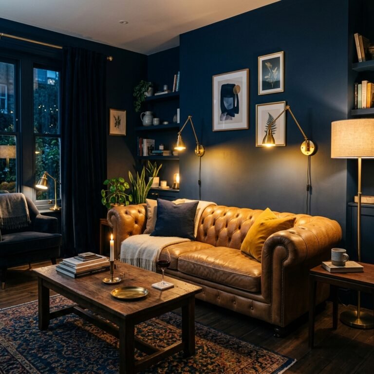 Deep navy blue living room with camel leather sofa and brass lighting styled for evening ambiance.